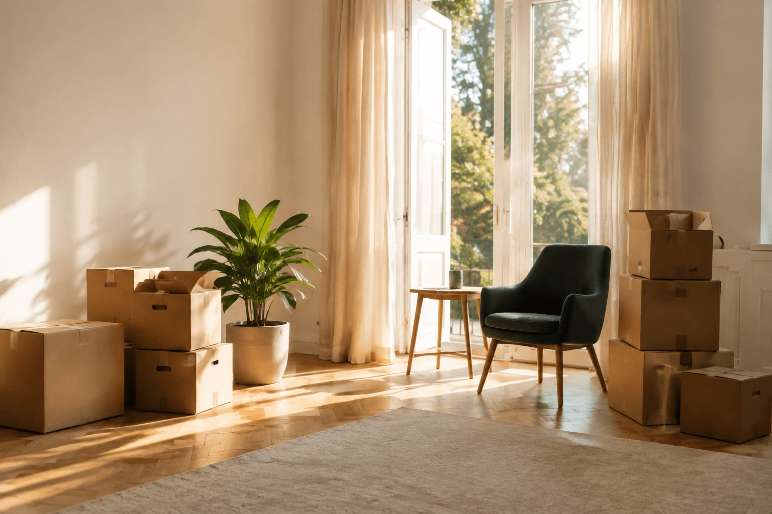 Helles Wohnzimmer mit gepackten Umzugskartons